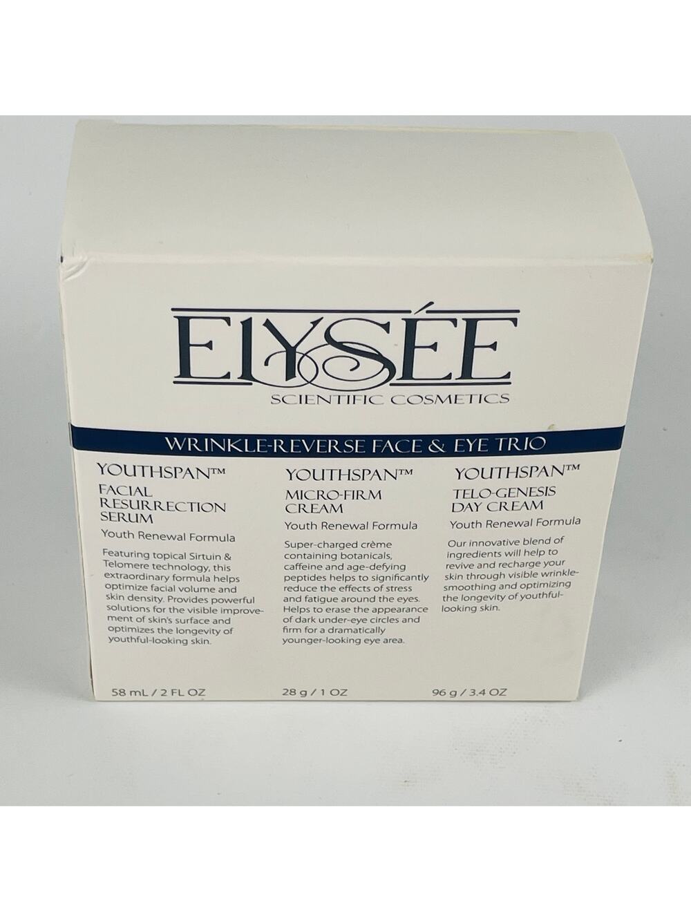 Elysee Scientific Cosmetics Wrinkle-Reverse Face & Eye Trio. New in Box